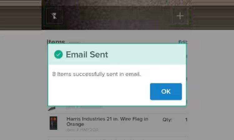 Popup window showing eight items were successfully sent to email.